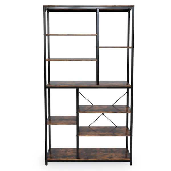 TRIBESIGNS WAY TO ORIGIN Frailey 39.3 in. Wide Vintage Brown Bookcase with Open Shelves, 9-Tier Tall Industrial Bookshelf 10 Storage Shelves