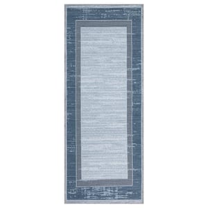 Non Shedding Washable Wrinkle-free Flatweave Border 2x5 Indoor Living Room Runner Rug, 20 in. x 59 in., Gray/Blue