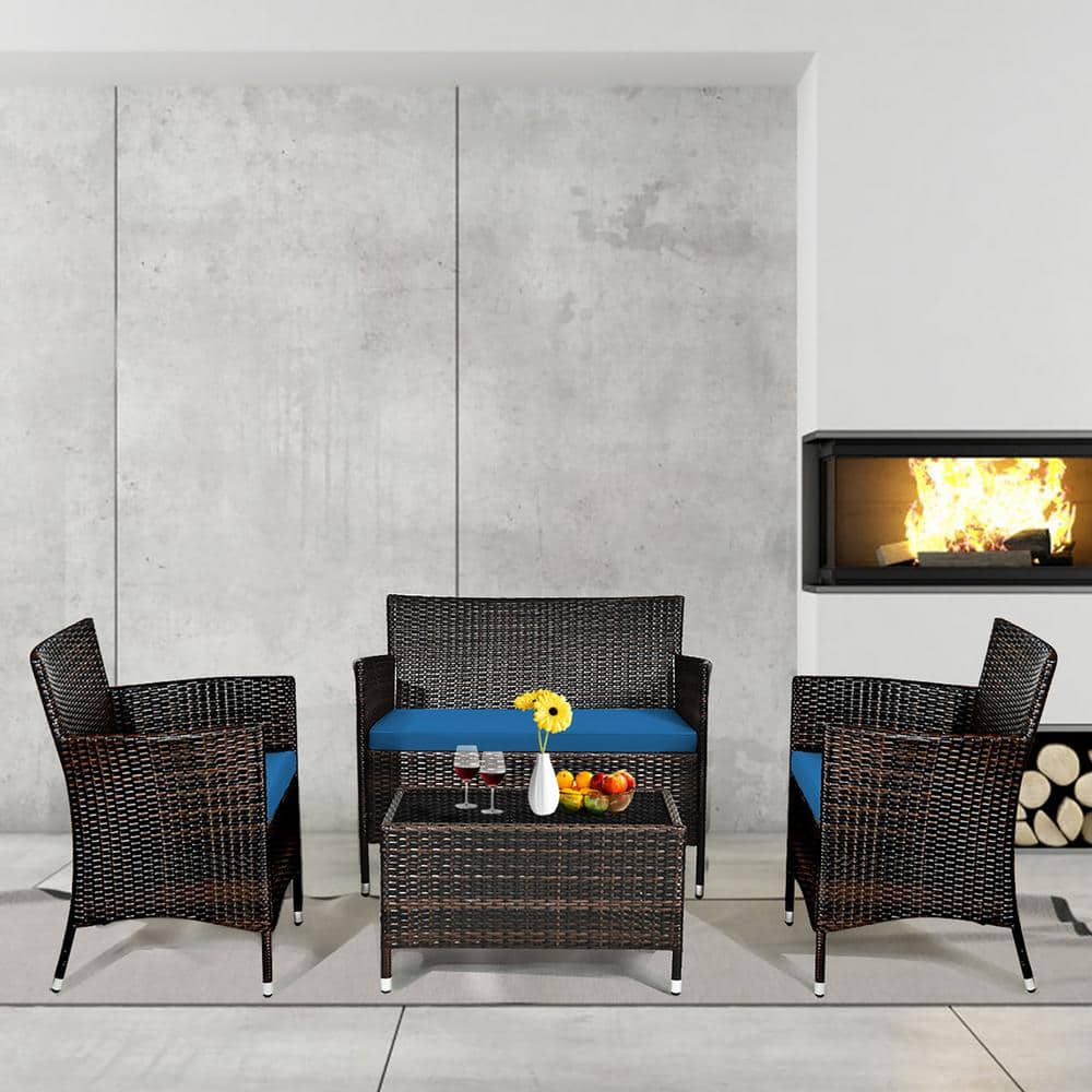 4-Piece Wicker Patio Conversation Set Outdoor Rattan Furniture Set with Blue Cushions price history on PriceWatchPro