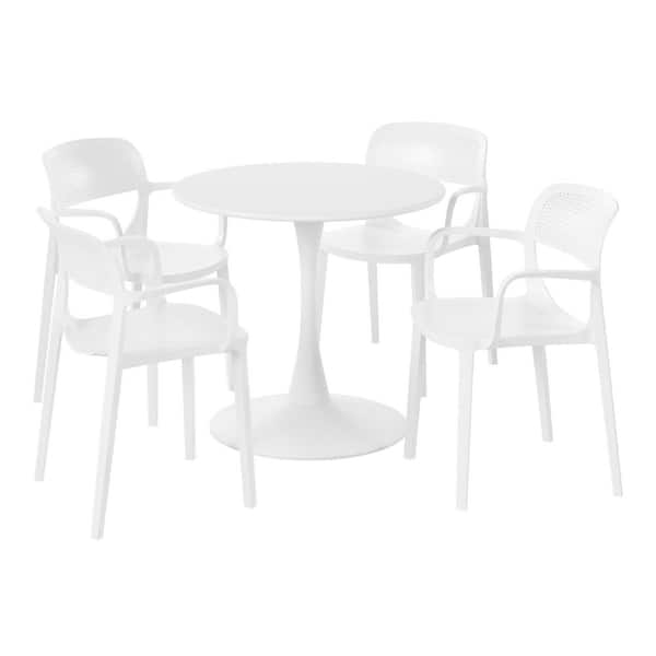 WESTIN OUTDOOR Frond and Form Outdoor Patio Modern 5-Piece Round HDPE Plastic Dining Table Set with Stackable Chairs, White