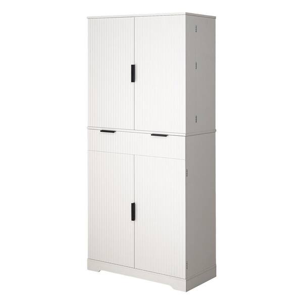 Trix Modern White Fluted 71.6 in. Tall Kitchen Pantry Cabinet with 3 Keyboard Drawers, 6 Door Shelves Adjustable