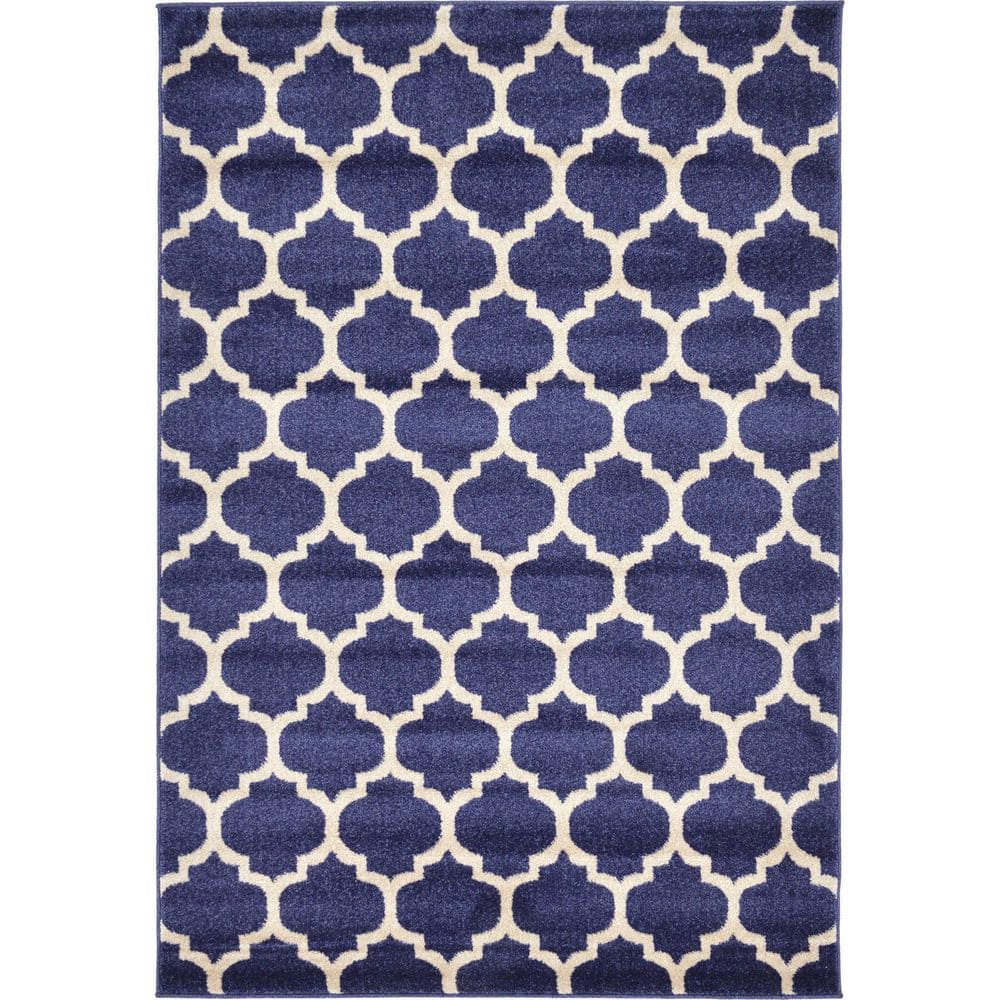Elegant Dark Blue Trellis 4' x 6' Synthetic Easy-Care Area Rug