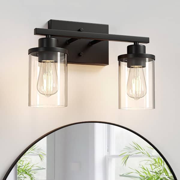 13.19 in. 2-Light Matte Black Vanity Light with Clear Glass Shade