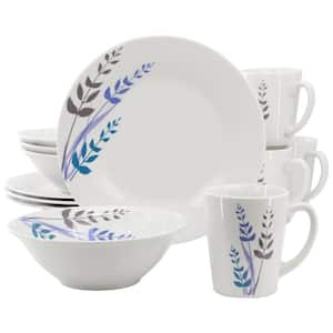 Blue Leaves 12-Piece Round Fine Ceramic Decorated Dinnerware Set in White