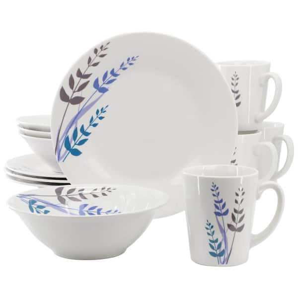 Blue Leaves 12-Piece Round Fine Ceramic Decorated Dinnerware Set in White