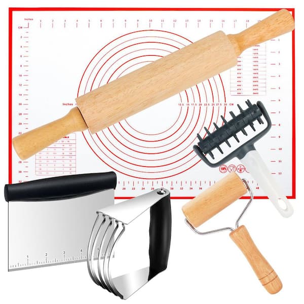 Wooden Rolling Pin with Handle and Stainless Steel Pastry Blender Set, Dough Cutter, Pizza Dough Roller Docker