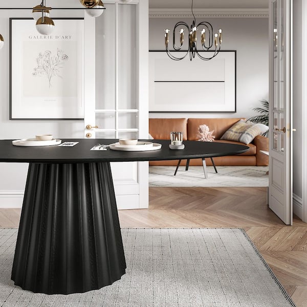 Modern Black Solid Wood 67 in. Pedestal Dining Table Seats 6