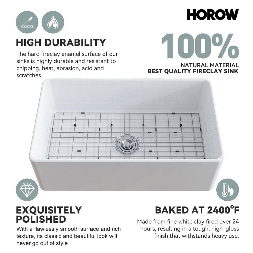 White Fireclay 33" Farmhouse Apron Front Single Bowl Kitchen Sink