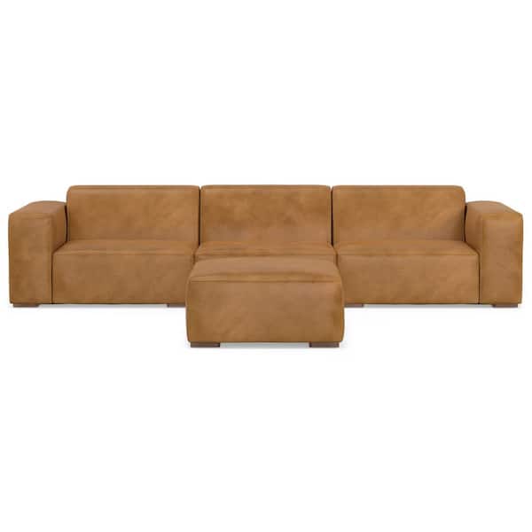 Simpli Home Rex 3-Seater Modular Sofa and Ottoman Set in Genuine Leather