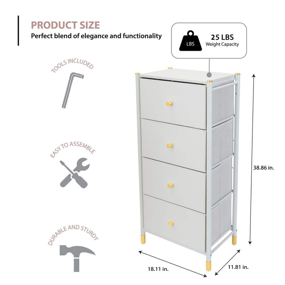 White Vertical 4-Drawer Dresser with Gold Accents