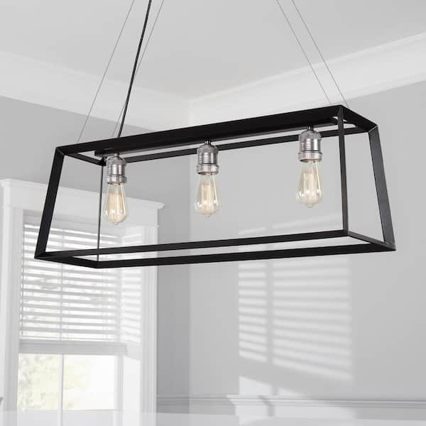 Walden Forge 3-Light Black Frame Linear Island Pendant with Antique Nickel