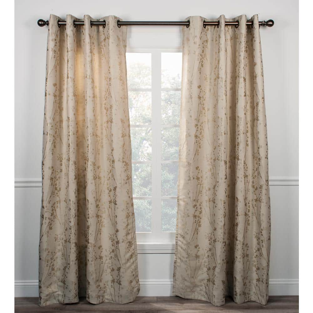 Ivory Floral Linen Room-Darkening Grommet Curtain Panel, 50" x 63"