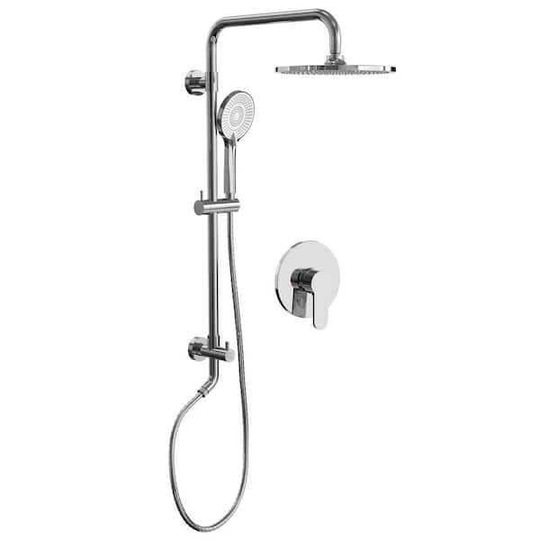 YAWWALK 2-Spray Round High Pressure Wall Bar Shower Kit with 3-Spray Hand Shower in Chrome (Valve Included)