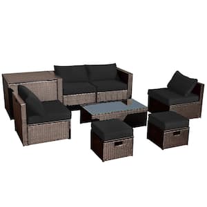 8-Pieces Wicker Patio Sectional Seating Set Rattan Furniture Set with Black Cushions, Storage Box and Waterproof Cover