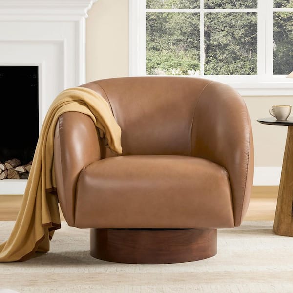 Frost Saddle Top-Grain Leather Swivel Accent Arm Chair with Wood Base, Round Barrel Design, Comfortable for Living Room
