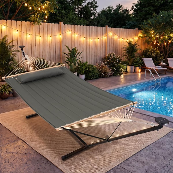 12 ft. Portable Heavy-Duty Hammock with Stand and Detachable Pillow Solar Powered LED Lights 475 lbs Capacity Dark Gray