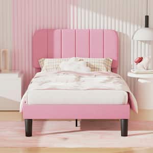 Upholstered Bed Frame, Twin Platform Bed Frame with Adjustable Headboard, Strong Wooden Slats Support, Pink