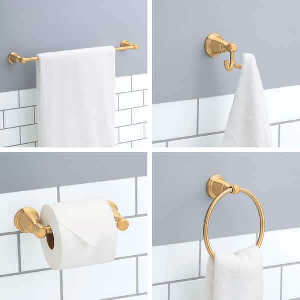 Foundations Design Series Traditional Bathroom Set 24 in. Towel Bar, Toilet Paper Holder, Ring, (2) Hooks Brushed Gold
