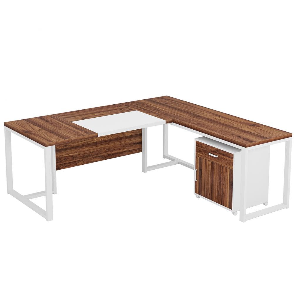 BYBLIGHT Capen 70.8 in. L Shaped Walnut and White Wood Executive