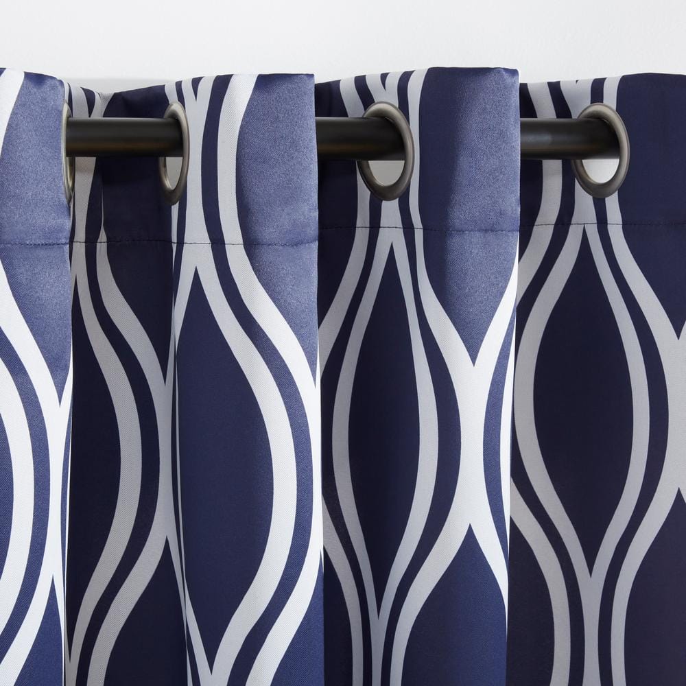Peacoat Blue Geometric Room-Darkening Grommet Curtain Panels