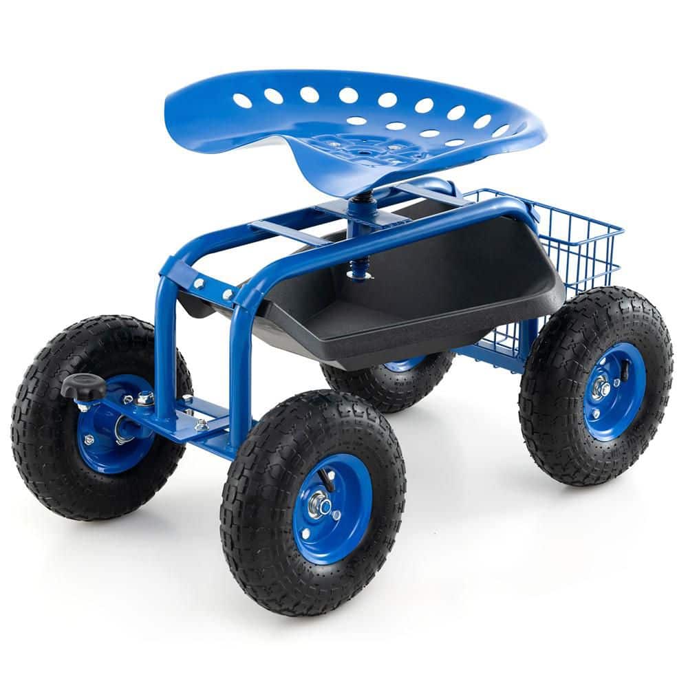 Metal Rolling Garden Cart Wagon Scooter with 360° Swivel Seat and Storage Tray and Basket Blue price history on PriceWatchPro