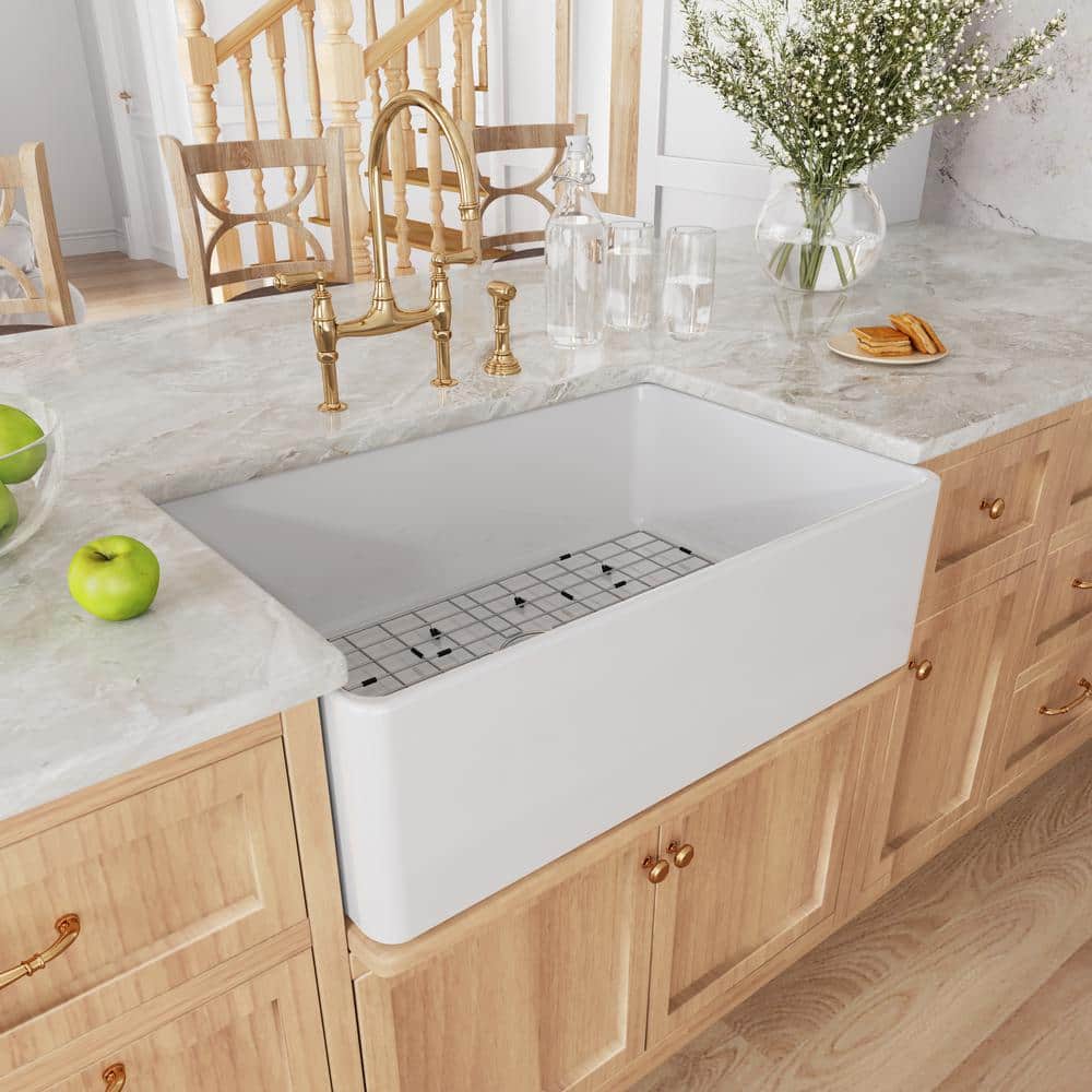 Hadley 30" White Fireclay Farmhouse Kitchen Sink with Accessories