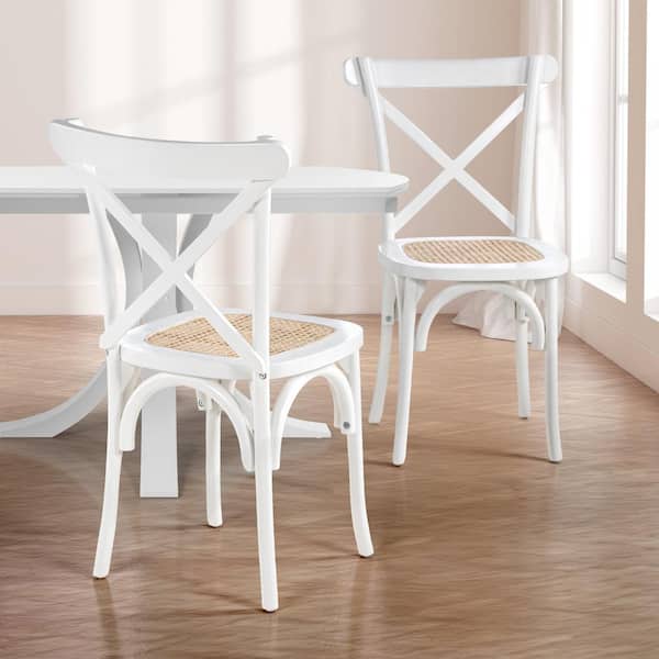 Cassis Classic Traditional X-Back Wood Rattan Dining Chair, White/Natural (Set of 2)