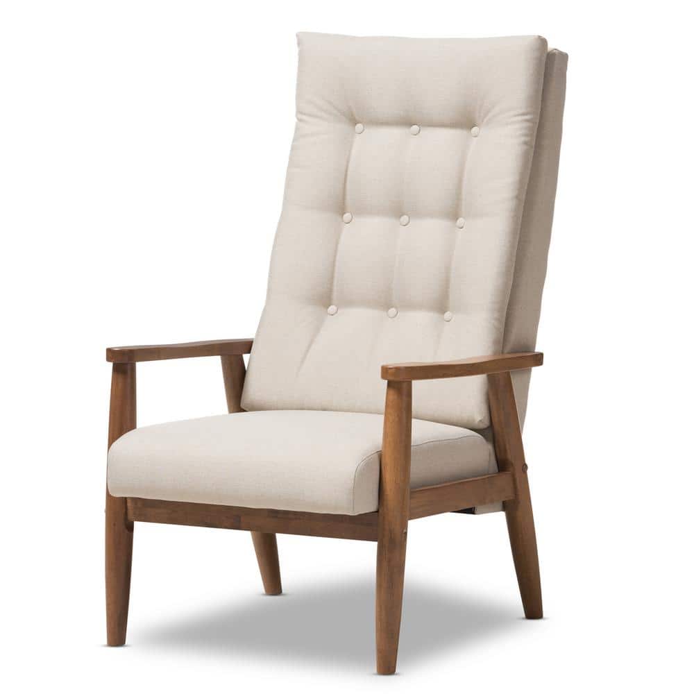 Walnut Brown & Light Beige Leather High-Back Accent Chair