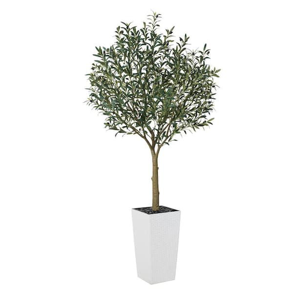 7 ft. Artificial Olive Tree Indoor/Outdoor w/ White Planter - UV-Resistant Faux Plants for Home Office Living Room Decor