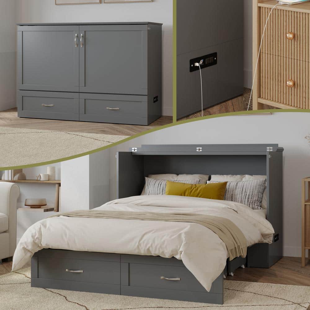 Hamilton Gray Full Murphy Bed Chest with Storage Drawer