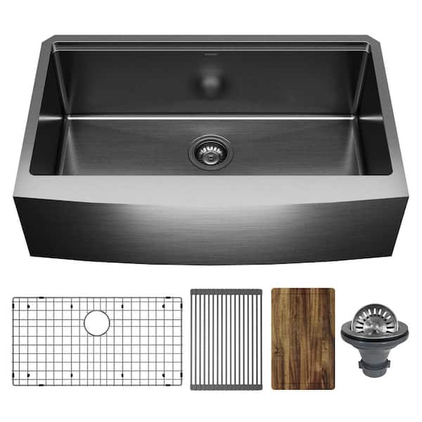 Elite 33 in. Apron Front Farmhouse Single Bowl 16 Gauge Gunmetal Black Stainless Steel Workstation Kitchen Sink