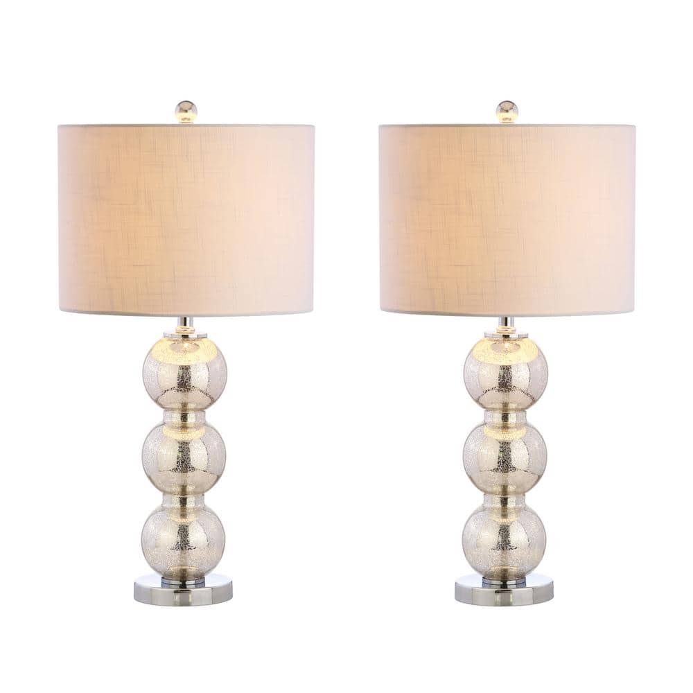 Mercury Silver Glass Triple-Sphere Table Lamp Set with Linen Shade