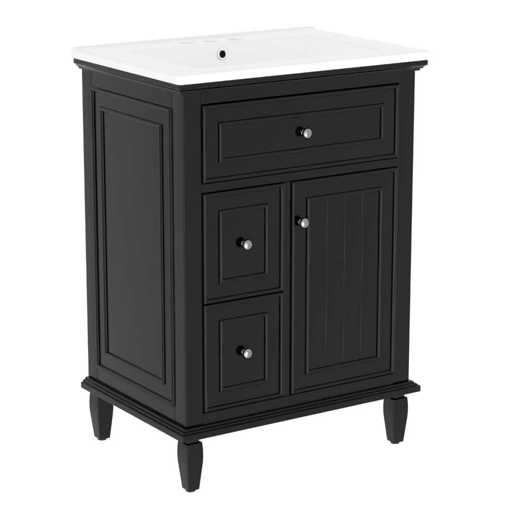 24 in. W Black Freestanding Bath Vanity with White Ceramic Top Sink,1 Flip Drawer and 2 Drawers, Adjustable Shelf price history on PriceWatchPro