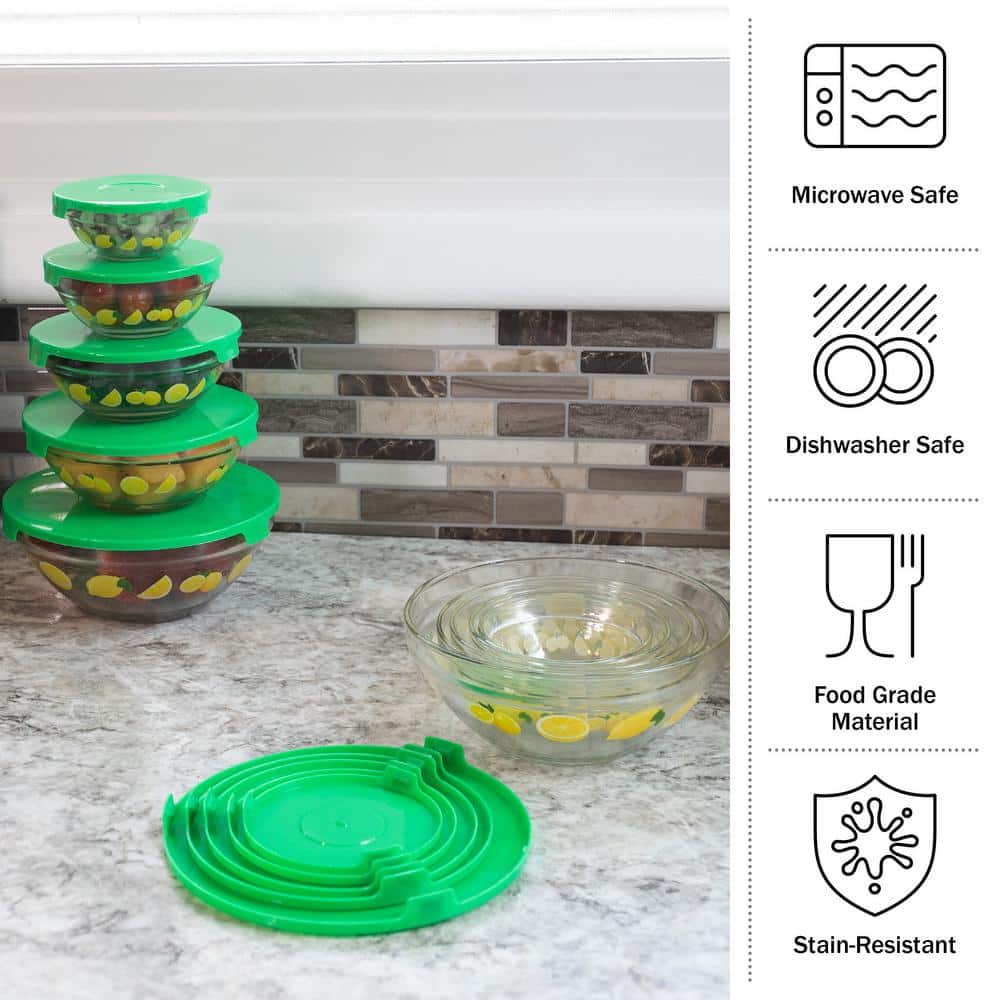 20-Piece Lemon Design Glass Bowls with Green Lids Set