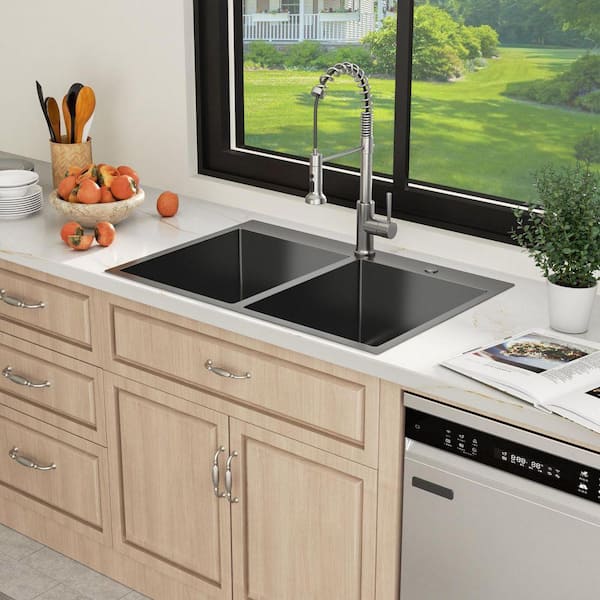 Sarlai 33 in. Drop-in/Topmount 50/50 Double Bowl 16-Gauge Gunmetal