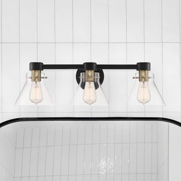 Willow Creek 25 in. 3-Light Matte Black Contemporary Vanity Light with Clear Glass Shades