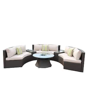 6-Piece Half Moon Black Wicker Outdoor Sectional Set with Beige Cushions