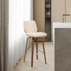 Renee 30 in. Seat Height, High Back Swivel Cream Faux Leather and Walnut Wood Bar Stool 42 in. Overall Height