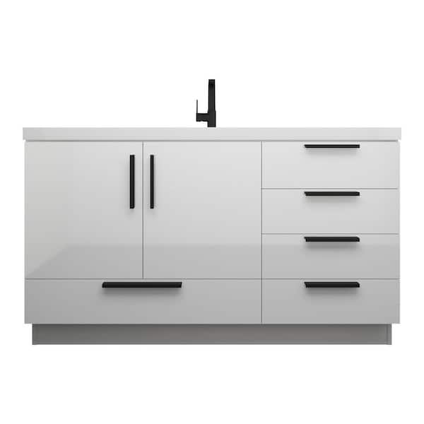 Carla 59 in. W x 20 in. D x 35 in. H Single Sink Freestanding Bath Vanity in Gloss White with White Acrylic Top