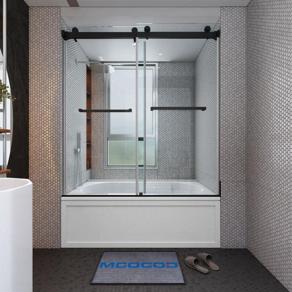 MCOCOD 60 in. W x 66 in. H Double Sliding Frameless Tub Door in Matte Black with Smooth Sliding