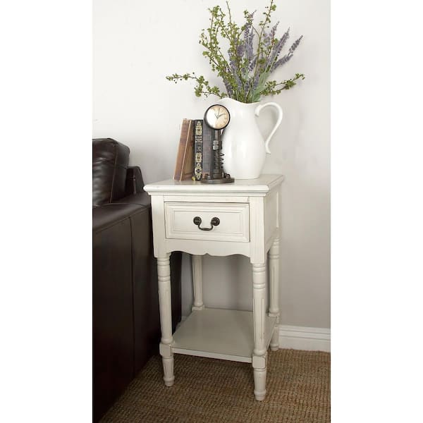 Litton Lane 16 in. Cream 1 Drawer and 1 Shelf Large Rectangle Wood End Accent Table