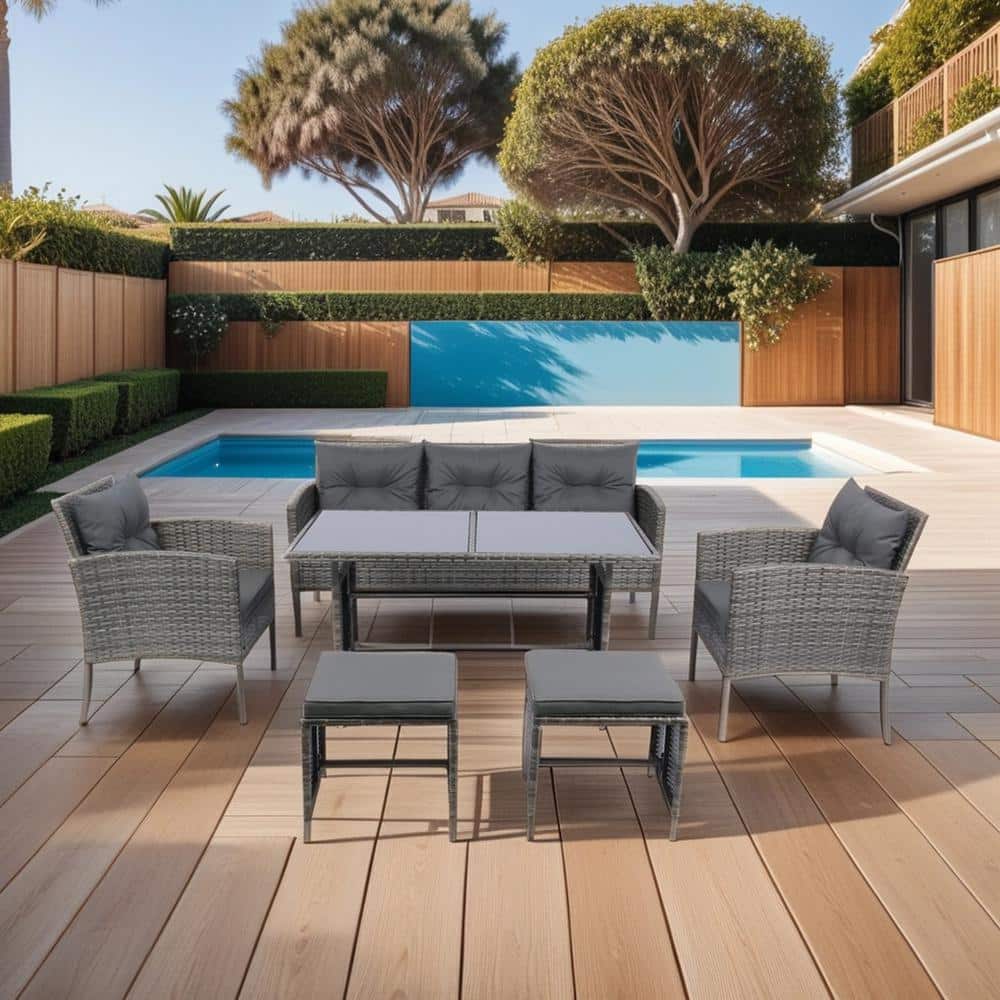 6-Piece Wicker Outdoor Serving Bar Patio Living Set with Coffee Table, Dark