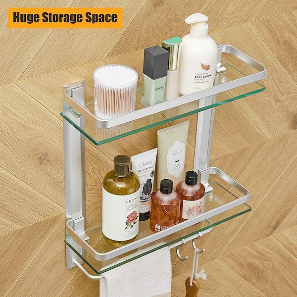 YorkHoMo Glass Shelf, Black, 2 Pack, Bathroom Glass Floating Shower Shelves  with Rail, 9.8 x 9.8 x 2.4 in