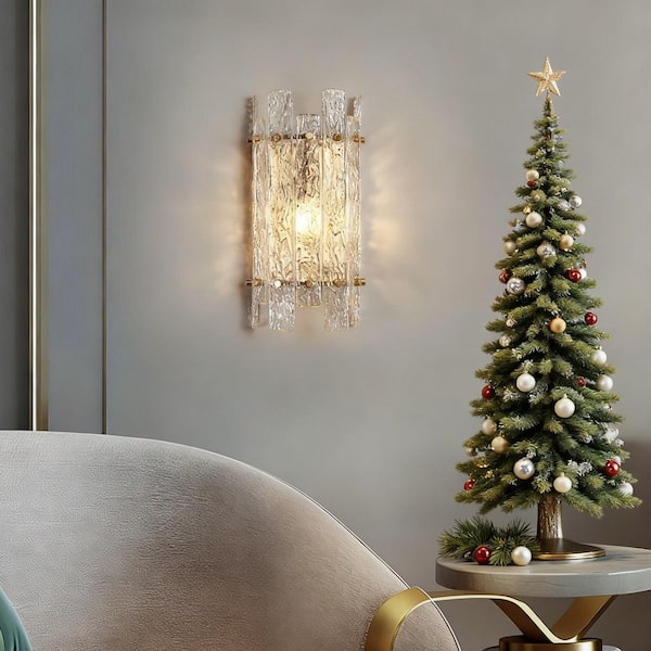 LNC 5.9 in. 1-Light Plated Brass Handmade Glacial Glass Wall Sconce Modern Half-Cylinder Metal Flush Mount Living Room Light