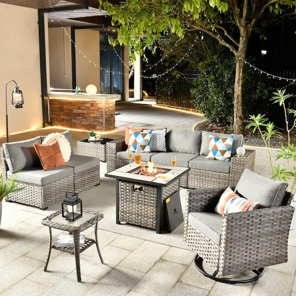 HOOOWOOO Tahoe Grey 9-Piece Wicker Outdoor Patio Fire Pit Conversation Sofa Set with a Swivel Rocking Chair and Grey Cushions