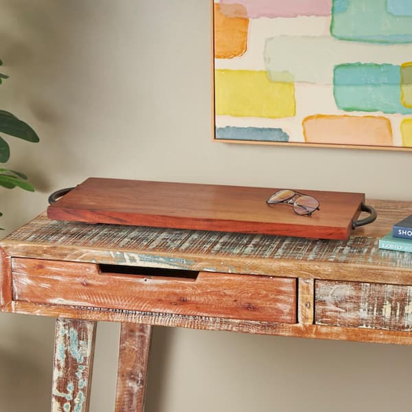 Litton Lane Brown Wood Decorative Tray with Black Metal Handles