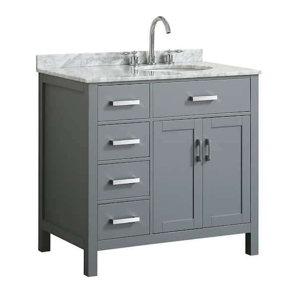 BEAUMONT DECOR Hampton 37 in. W x 22 in. D Bath Vanity in Grey with Marble Vanity Top in White with White Basin