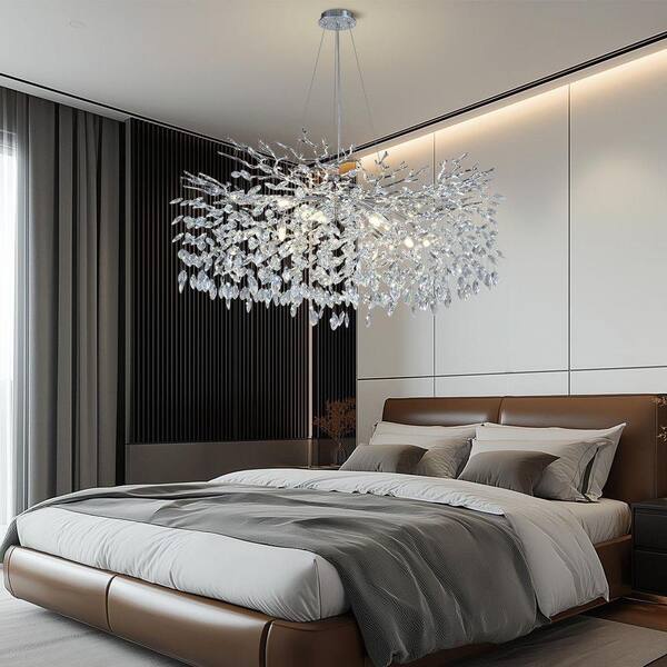 PUYRNF 40 in. 14-Light Dimmable Silver Tree Branch Chandelier