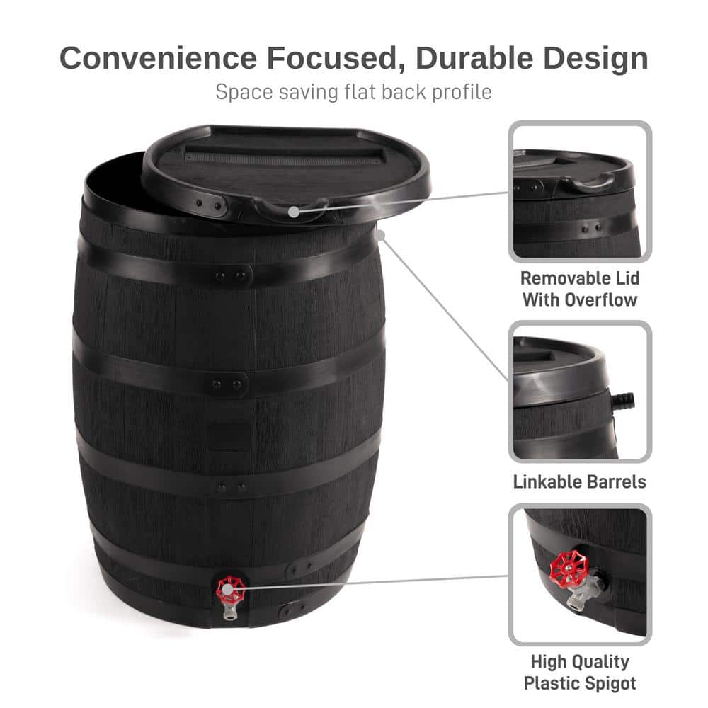 Black 55 Gallon Polyethylene Flat Back Rain Barrel with Lid