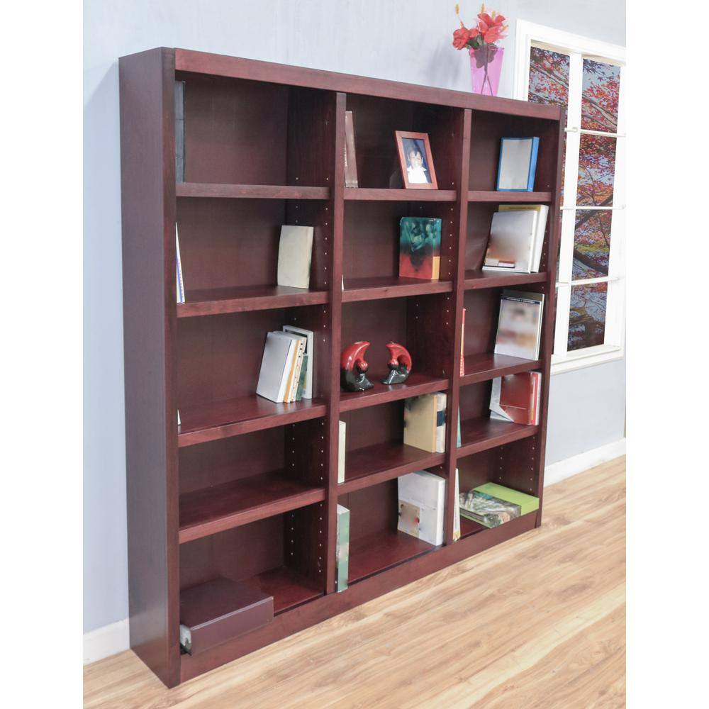 Cherry Finish Triple Wide Adjustable Wood Bookcase, 72 Inch